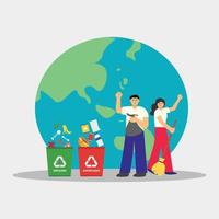 Vector Illustration people do waste sorting. garbage, rubsih sorting. people putting rubish in trash bins. trash container classifiation. Save the earth concept design