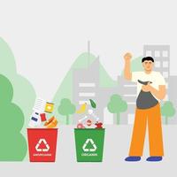 Vector Illustration people do waste sorting. garbage, rubsih sorting. people putting rubish in trash bins. trash container classifiation. Save the earth concept design