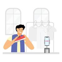 un hombre haciendo En Vivo transmisión en social medios de comunicación. anfitrión hombre haciendo En Vivo vender en mi comercio plataforma. digital márketing vector ilustración concepto.