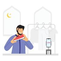 muslim man doing live streaming on social media. host man doing live sell on e commerce platform. digital marketing vector illustration concept.