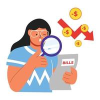 Vector woman worry about paying bills.