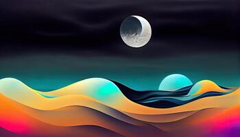 Fantasy landscape, sci fi landscape with planet, neon light, cold planet. Beautiful sunset.Mountain desert landscape. Dark natural scene with light reflection in water. photo