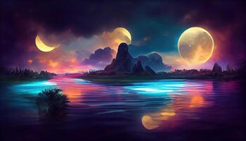 Futuristic fantasy abstract night landscape with island moonlight shine. photo