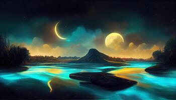 Modern futuristic fantasy night landscape with abstract islands and night sky with space galaxies. photo