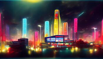 Futuristic city background with neon illumination. photo