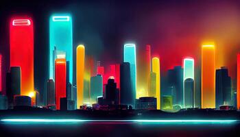 Futuristic city background with neon illumination. photo