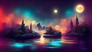 Fantasy night landscape with abstract islands and night sky with space galaxies. photo