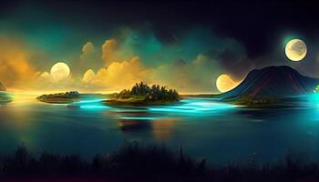 Fantasy night landscape with abstract islands and night sky with space galaxies. photo