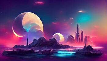 Futuristic fantasy landscape, sci-fi landscape with planet, neon light. Digital art style painting. photo