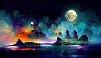 Modern futuristic fantasy night landscape with abstract islands and night sky with space galaxies. photo