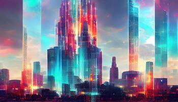 Abstract hologram 3D city with digital buildings. photo