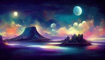 Fantasy night landscape with abstract islands and night sky with space galaxies. photo