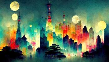 Fantasy night city Japanese landscape, neon light, residential buildings, big sakura tree. photo