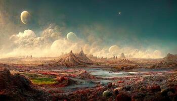 Alien planet landscape with volcano, river, stars and moons in sky. photo