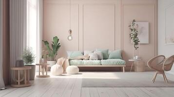Mockup frame in interior background, room in light pastel colors. photo