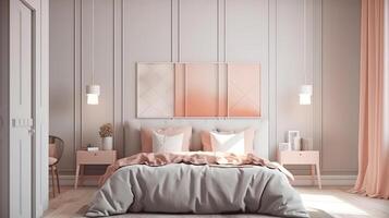 Mockup frame in bedroom interior background, room in light pastel colors. photo