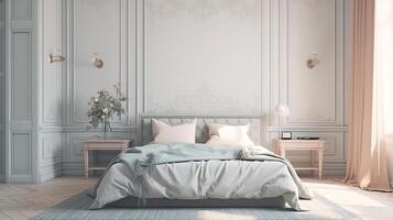 Scandinavian style bedroom mockup with natural wood furniture. photo