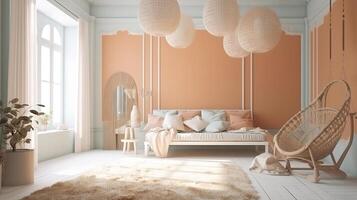 Mockup frame in interior background, room in light pastel colors. photo