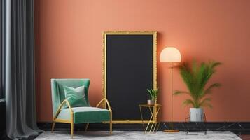 Mockup frame in nomadic boho interior background with rustic decor. photo