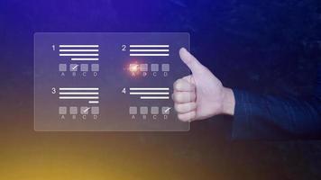 Online exam concept, choose correct answer in test. checklist and online testing. online exam test. online questionnaire results on desktop. quiz. photo