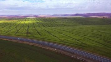 Top view of a cars driving along a rural road between two fields video