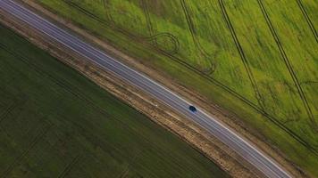 Top view of a cars driving along a rural road between two fields video