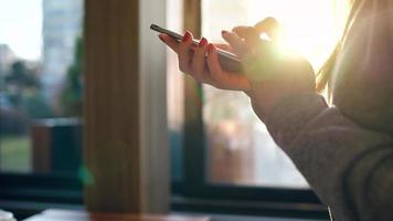 Female hands using smartphone against a blurred cityscape in the setting sun video