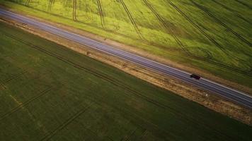 Top view of a cars driving along a rural road between two fields video