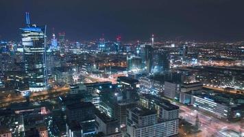 Warsaw, Poland - April 10, 2019. Aerial hyperlapse of Warsaw business center at night skyscrapers and Palace of Science video