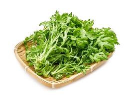 green leaves bunch crown daisy or garland chrysanthemum. glebionis coronaria in wood plate isolated on white background. tong ho, Shungiku photo