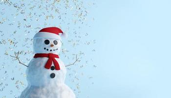 concept of Christmas white happy snowman and baby snowman with red scarf and Santa hat on blue background. 3D Illustration photo