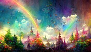 Magical fairytale landscape with rainbow and trees. photo