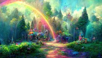 mágico cuento de hadas paisaje con arco iris y arboles generativo ai foto