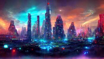 Futuristic city background with neon illumination. photo