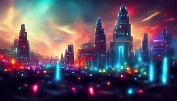 Creative glowing city skyline with abstract metaverse wallpaper. photo