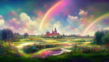 Fantastic magical universe, kingdom, or children's cartoon. palace of the princess and rainbow. Generative Ai photo