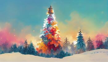 Christmas winter scenery of cold weather and frost christmas tree background. photo