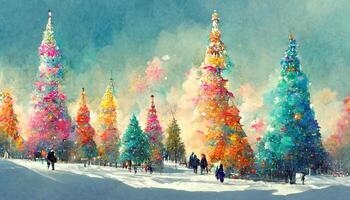 New year and christmas tree winter landscape background with snowman card design. photo