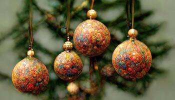 Detail of a red decorative ball hanging from an artificial Christmas tree. photo