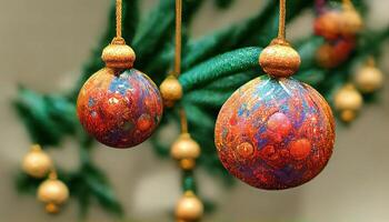 colgando ornamento3 en un Navidad árbol sucursal1 Híper realista max detalles fotorrealismo generativo ai foto
