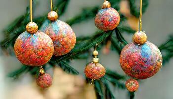 Detail of a red decorative ball hanging from an artificial Christmas tree. photo
