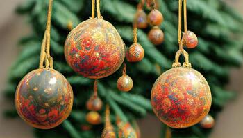 Festive christmas tree balls hanging in tree as christmas decoration, Detailed. photo