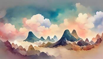 Foggy watercolor mountains, hills and trees isolated elements. photo