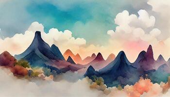 Landscape art background with mountains, hills and golden lines. photo