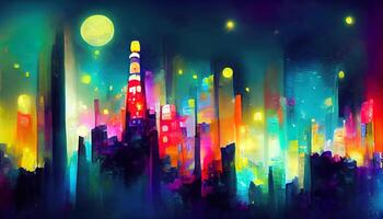 paisaje urbano de asiático cyberpunk ciudad a noche. neón, rascacielos, fantasía ciber ciudad. 3d ilustración. generativo ai foto
