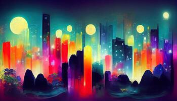 paisaje urbano de asiático cyberpunk ciudad a noche. neón, rascacielos, fantasía ciber ciudad. 3d ilustración. generativo ai foto
