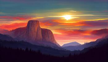 puesta de sol rojo luz, yosemite nacional parque, nubes, cielo, California, montañas. generativo ai foto