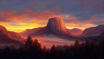 puesta de sol rojo luz, yosemite nacional parque, nubes, cielo, California, montañas. generativo ai foto