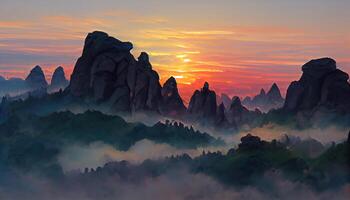 Early morning sunrise in the Huangshan mountains. photo