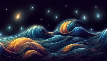 Beach at night with waves. photo